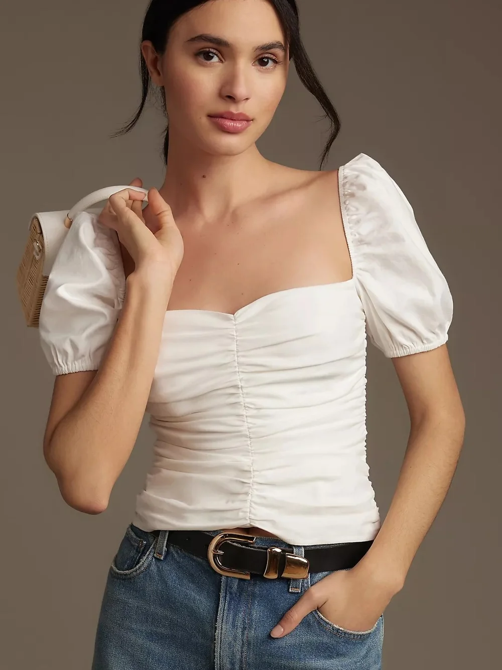 Reformation Radish Top White Ruched Square-Neck Puff Sleeve Top, Size 2 (C8)